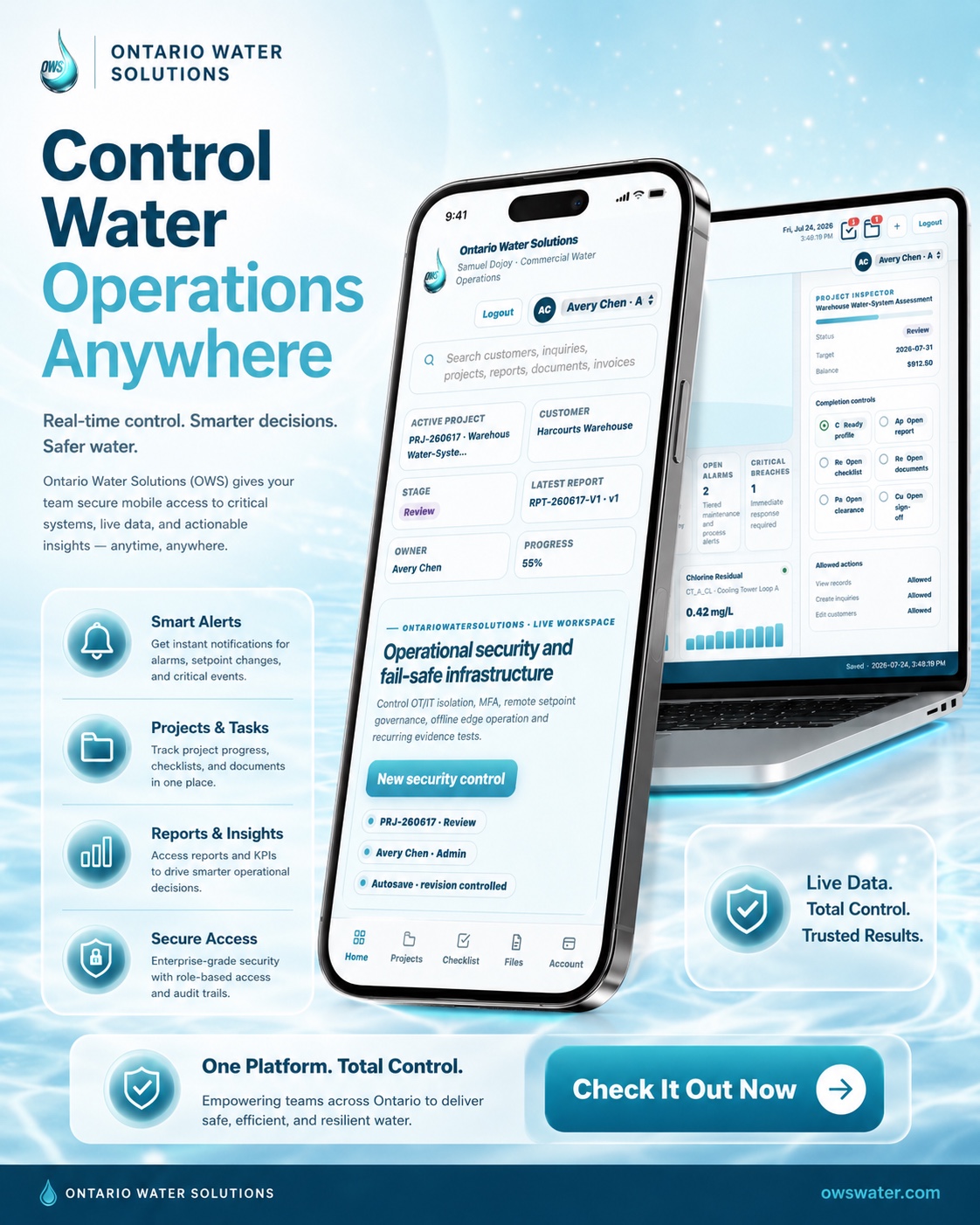 Control Water Operations Anywhere — smart alerts, projects, reports, secure access and live data.